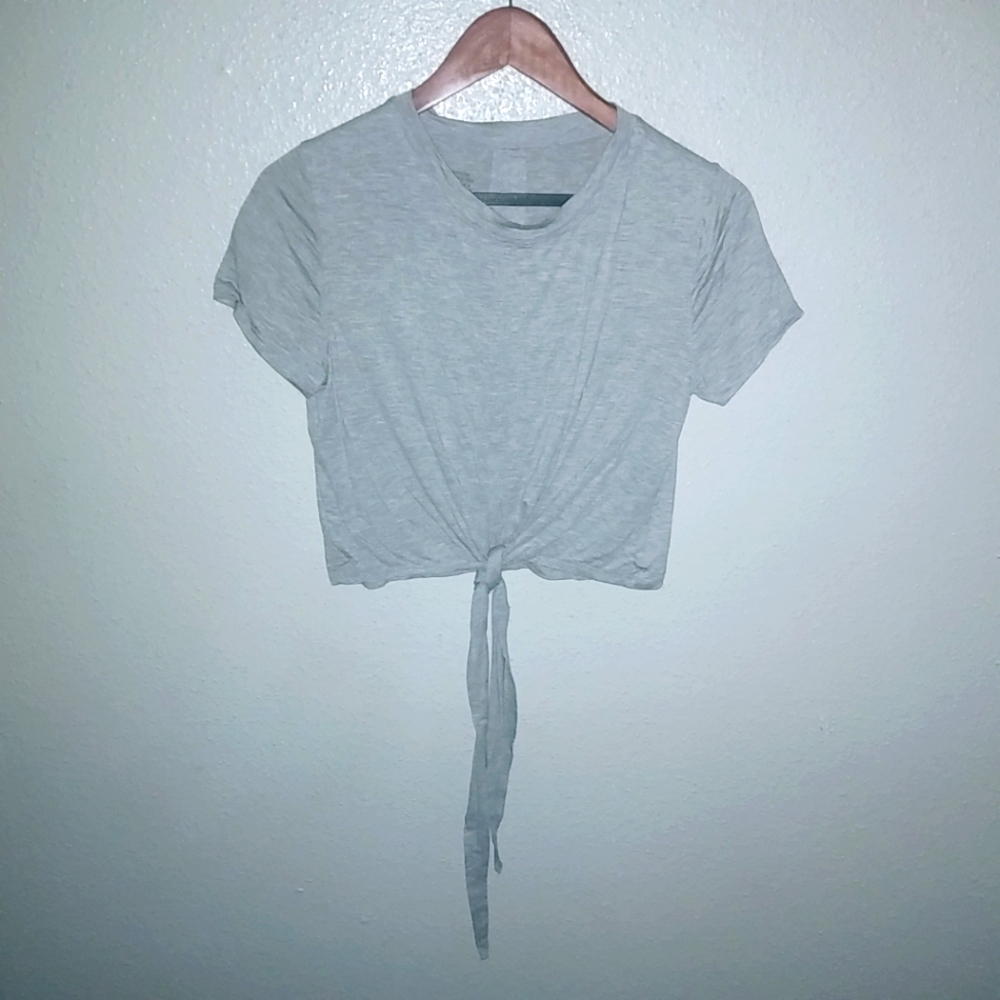 Lydaa S/M Grey Capped Sleeve Bottom Tie Crop Top